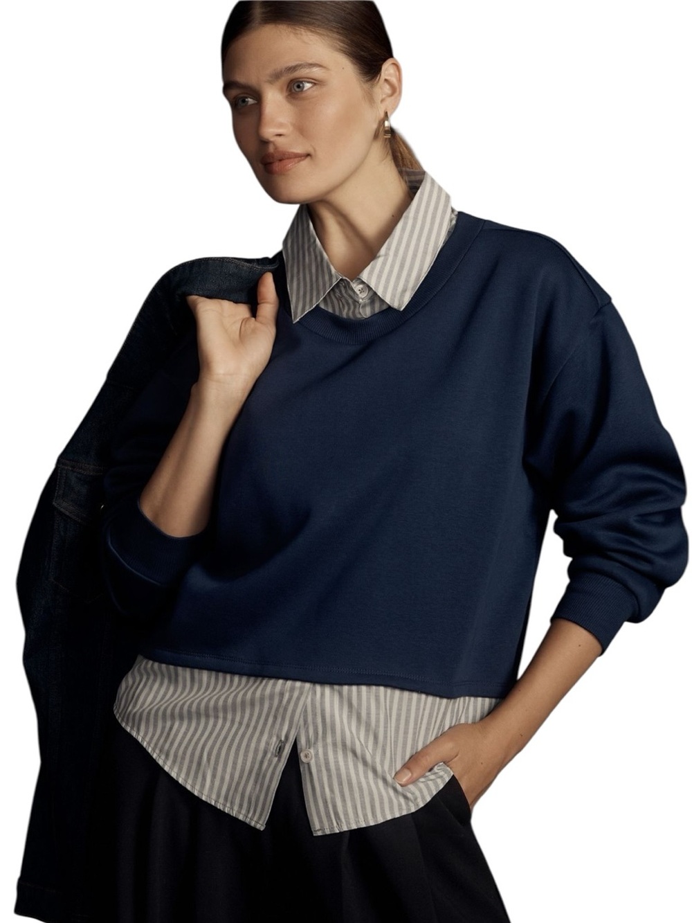 Maeve for Anthropologie Navy Layered Oversized Twofer Pullover Sweatshirt - Picture 2 of 14